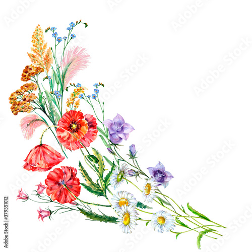 Watercolor bouquet meadow flowers with poppies. Floral corner on white background. Illustration for decor. © Olga Kleshchenko