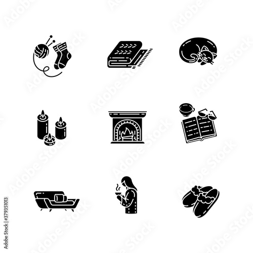 Hygge home black glyph icons set on white space. Life simple pleasures. Increasing coziness feeling in house. Silhouette symbols. Home decor. Comfortable conviviality. Vector isolated illustration