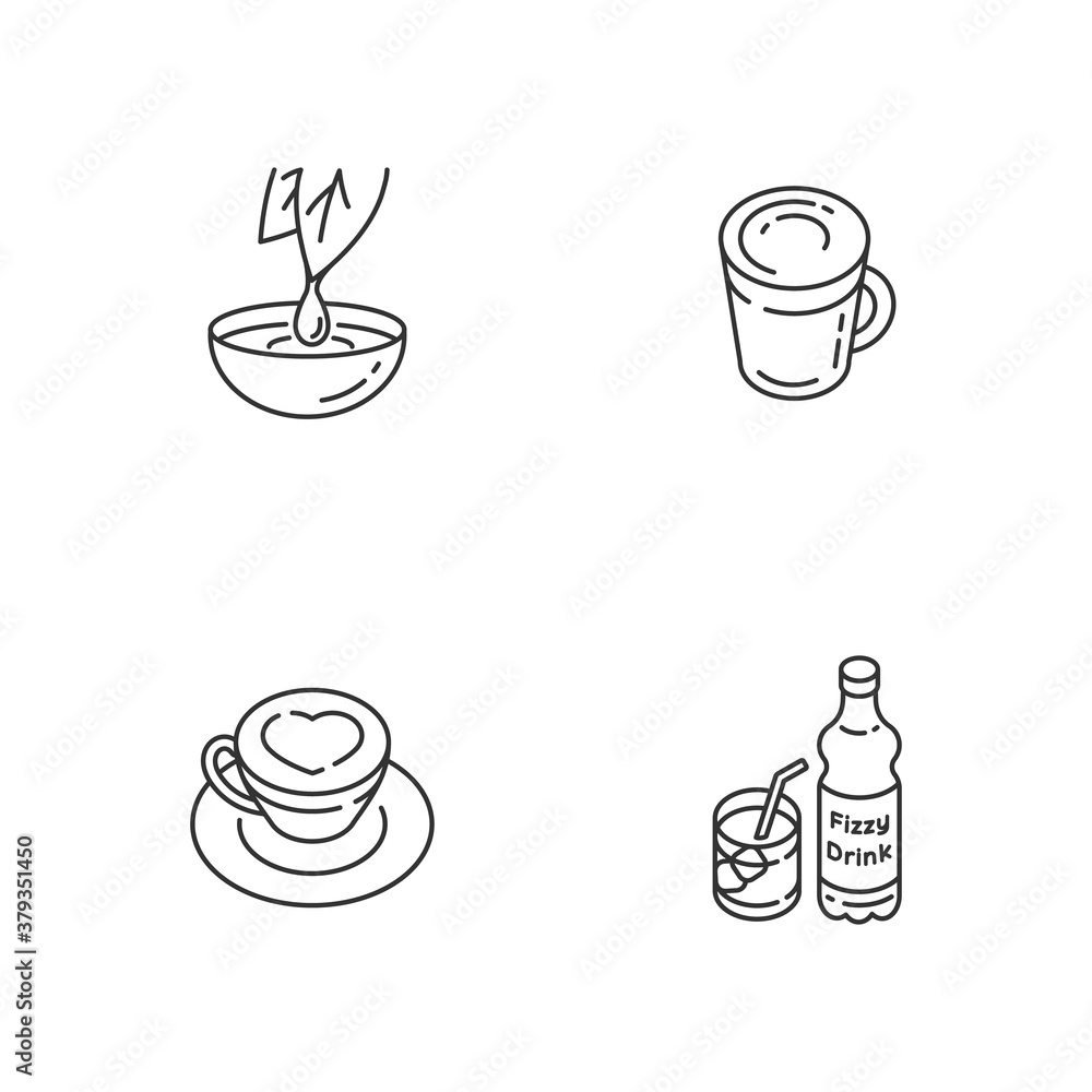 Beverages linear icons set. Herbal extract. Cappuccino in mug. Fizzy soft drink. Latte in cup. Customizable thin line contour symbols. Isolated vector outline illustrations. Editable stroke Beverages linear icons set. Herbal extract. Cappuccino in mug. Fizzy soft drink. Latte in cup. Customizable thin line contour symbols. Isolated vector outline illustrations. Editable stroke