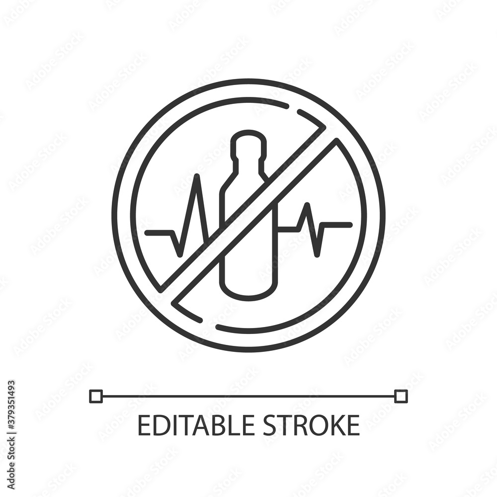 Health warning linear icon. Label with cross over bottle. Stop addiction. Drink negative effect. Thin line customizable illustration. Contour symbol. Vector isolated outline drawing. Editable stroke Health warning linear icon. Label with cross over bottle. Stop addiction. Drink negative effect. Thin line customizable illustration. Contour symbol. Vector isolated outline drawing. Editable stroke