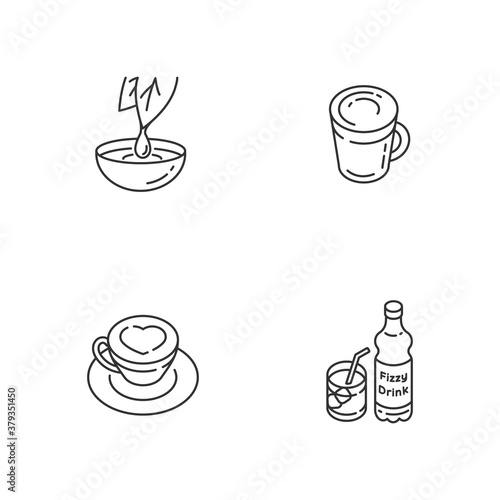Beverages linear icons set. Herbal extract. Cappuccino in mug. Fizzy soft drink. Latte in cup. Customizable thin line contour symbols. Isolated vector outline illustrations. Editable stroke