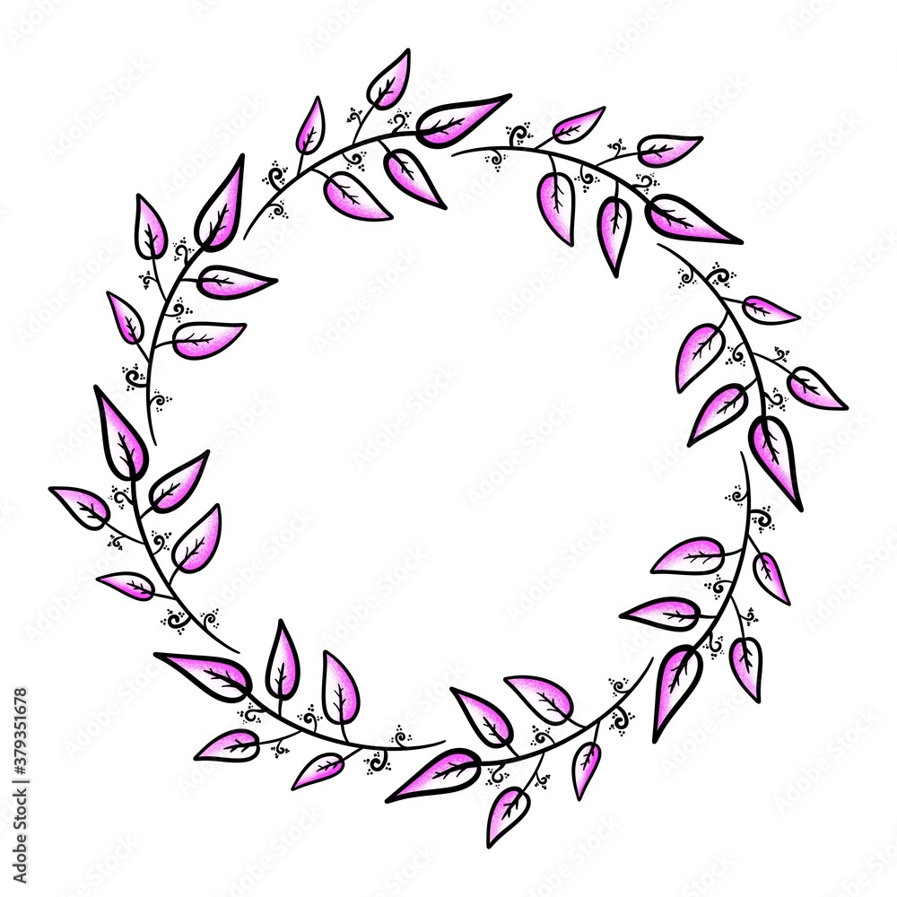 Botanical circle frame illustration with pink leaves. Cartoon leaves frame graphic