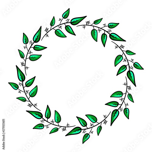 Botanical circle frame illustration with green leaves. Cartoon leaves frame graphic