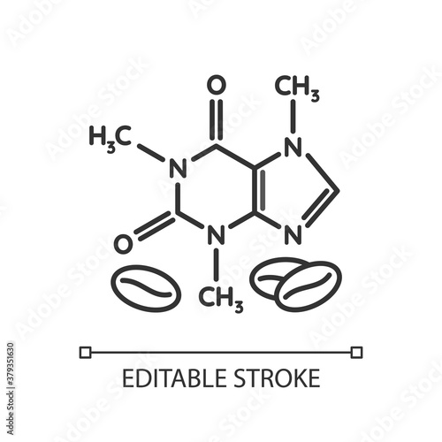 Caffeine linear icon. Scientific compound for caffeinated drink. Coffee bean supplement formula. Thin line customizable illustration. Contour symbol. Vector isolated outline drawing. Editable stroke