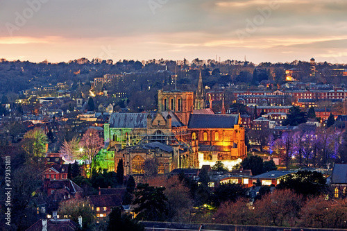 Canvas Print Aerial view of Winchester Cathedral illuminated at Christmas