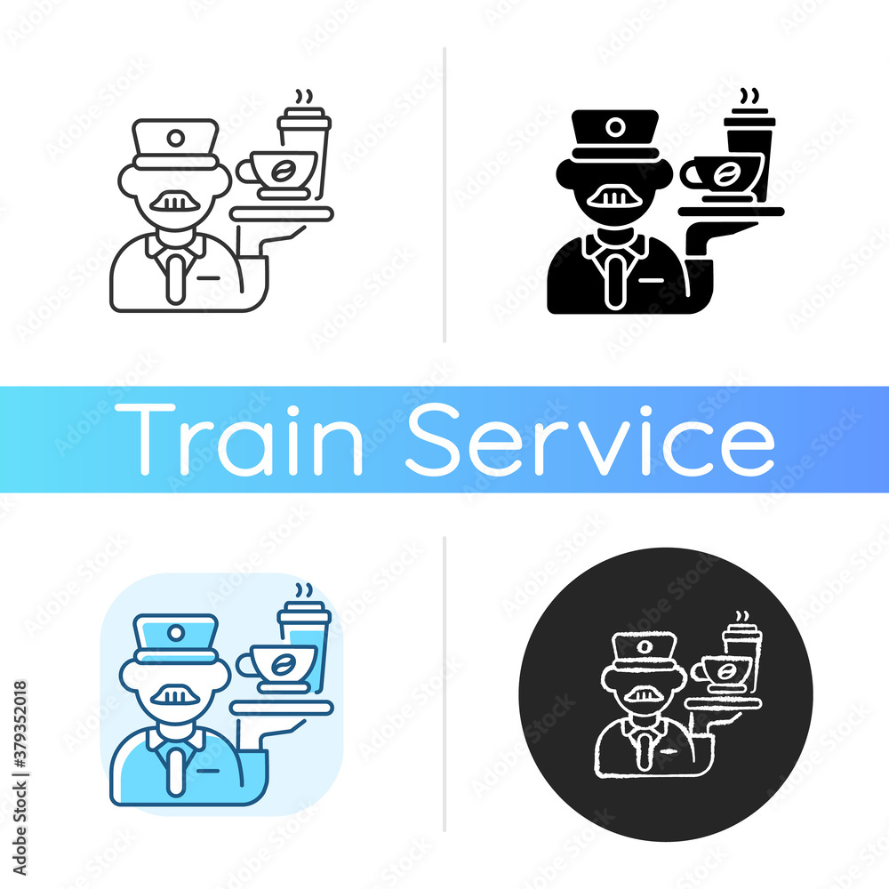 Stewart icon. Linear black and RGB color styles. Railway service, comfortable railroad travel. Professional train attendant, conductor in uniform offering drinks isolated vector illustrations Stewart icon. Linear black and RGB color styles. Railway service, comfortable railroad travel. Professional train attendant, conductor in uniform offering drinks isolated vector illustrations