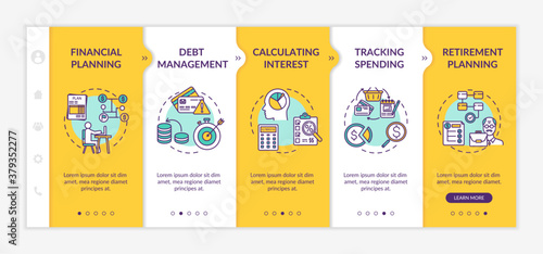 Financial literacy objectives onboarding vector template. Money education. Budget mananging. Responsive mobile website with icons. Webpage walkthrough step screens. RGB color concept