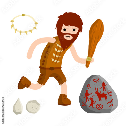 Primitive caveman. Prehistoric hunter. Stone age. Man with wooden club. Tribal items. Concept of history and archeology. Cartoon flat.