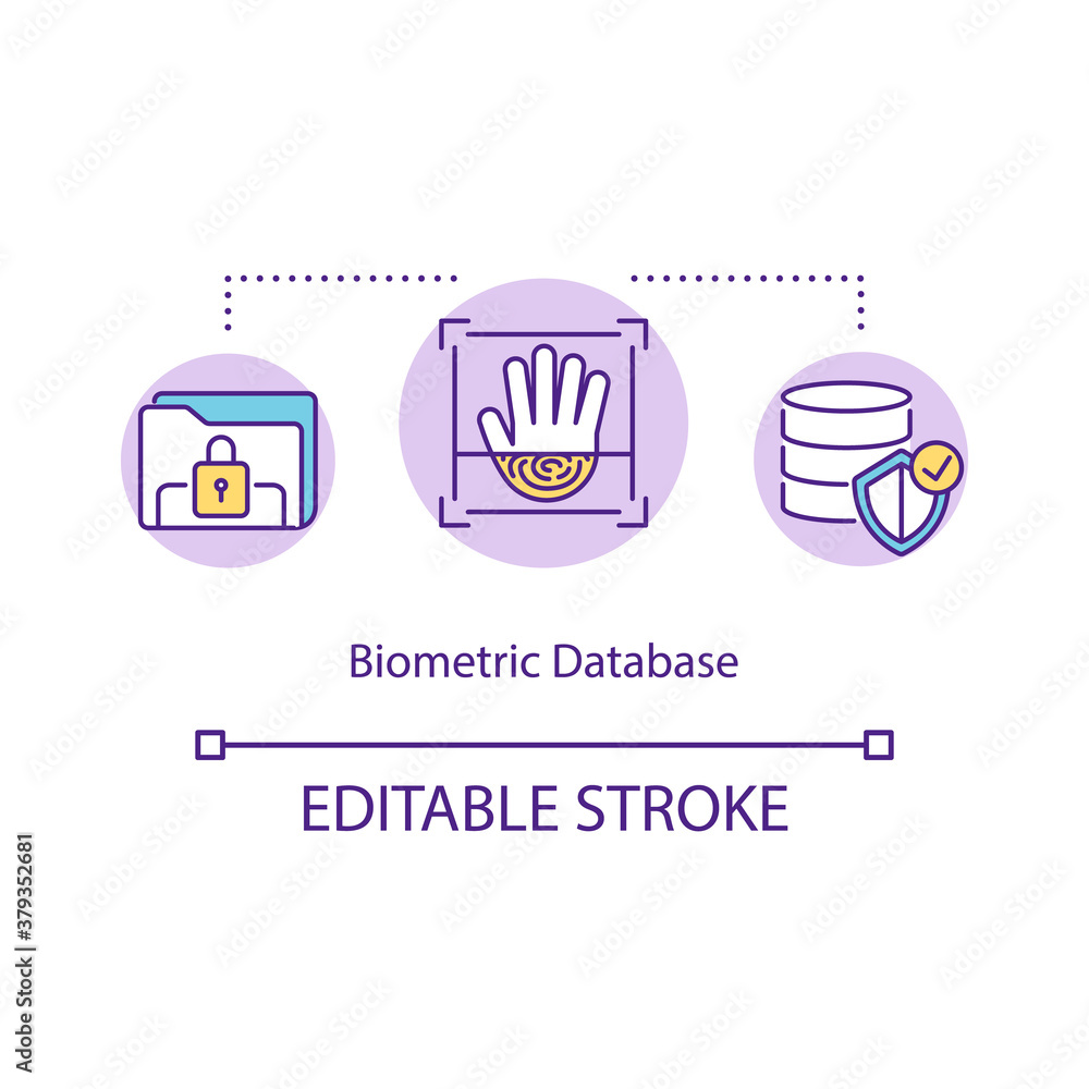 Biometric database concept icon. Handscan, palm scan system. Access of data collection. Network safety idea thin line illustration. Vector isolated outline RGB color drawing. Editable stroke
