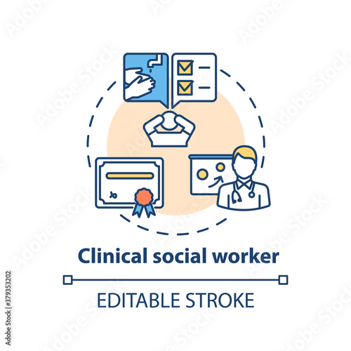 Clinical social worker concept icon. Medical speciality idea thin line illustration. Providing emotional and mental guidance. Therapy. Vector isolated outline RGB color drawing. Editable stroke