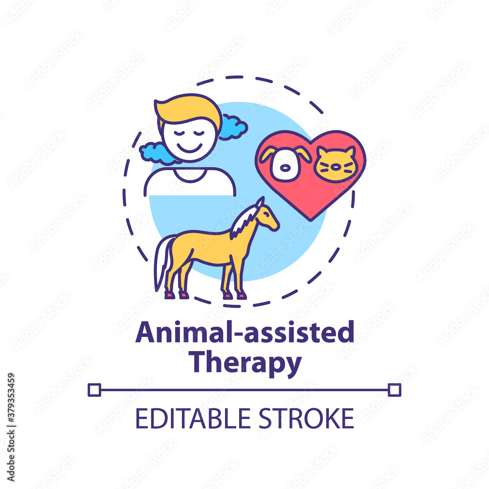 Animal-assisted therapy concept icon. Treatment session idea thin line illustration. Pet therapy. Interacting with animal. Human-animal bond. Vector isolated outline RGB color drawing. Editable stroke Animal-assisted therapy concept icon. Treatment session idea thin line illustration. Pet therapy. Interacting with animal. Human-animal bond. Vector isolated outline RGB color drawing. Editable stroke