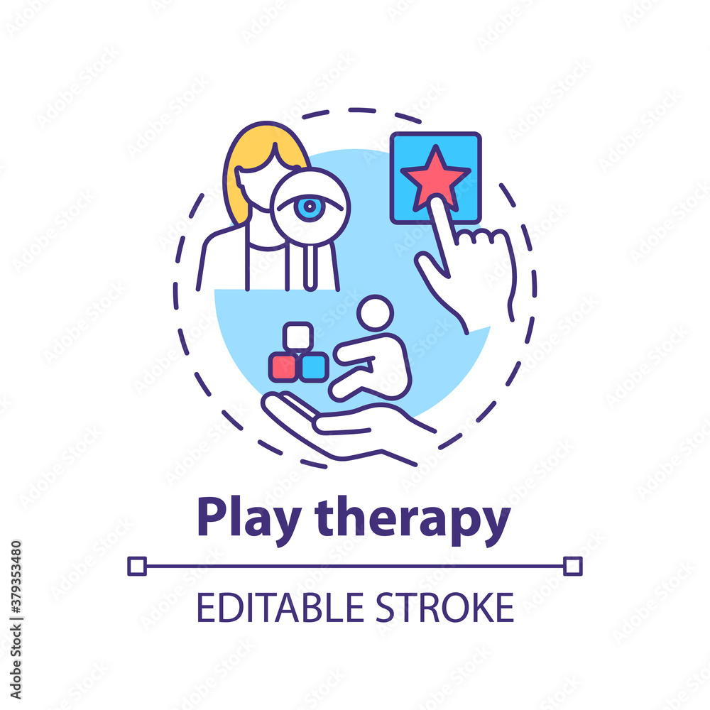 Play therapy concept icon. Children mental health treatment idea thin line illustration. Brain development. Feelings sharing. Therapy toys. Vector isolated outline RGB color drawing. Editable stroke