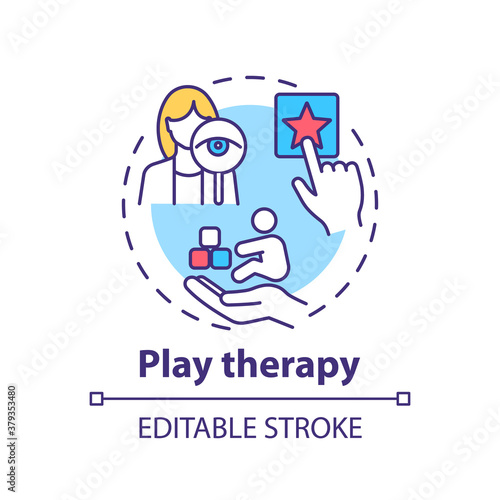 Play therapy concept icon. Children mental health treatment idea thin line illustration. Brain development. Feelings sharing. Therapy toys. Vector isolated outline RGB color drawing. Editable stroke