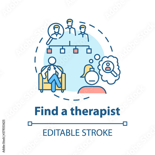 Find therapist concept icon. Search for psychologist idea thin line illustration. Psychological counseling. Telemental health. Vector isolated outline RGB color drawing. Editable stroke