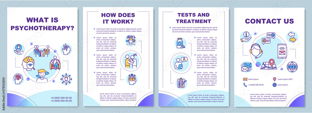 What is psychotherapy brochure template. Psychologist counseling flyer, booklet, leaflet print, cover design with linear icons. Vector layouts for magazines, annual reports, advertising posters