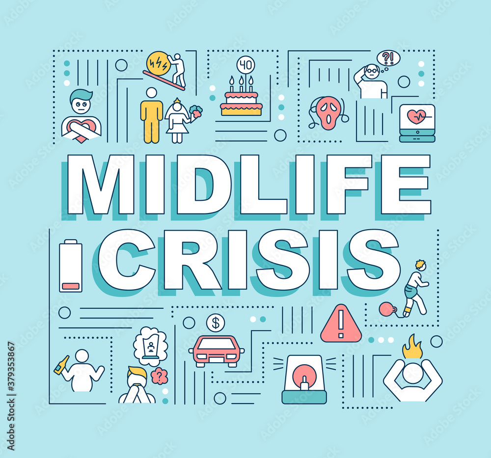 Midlife crisis word concepts banner. Psychological problems, mental disorders infographics with linear icons on blue background. Isolated typography. Vector outline RGB color illustration
