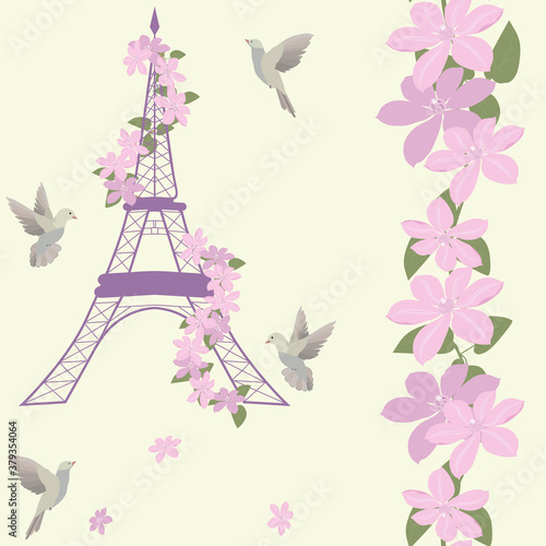 Seamless vector illustration of a stylized eiffel tower with flowers clematis and birds.