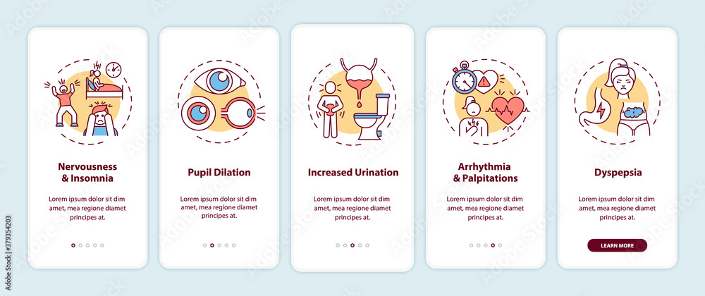 Caffeine overdose symptoms onboarding mobile app page screen with concepts. Insomnia, pupil dilation walkthrough 5 steps graphic instructions. UI vector template with RGB color illustrations