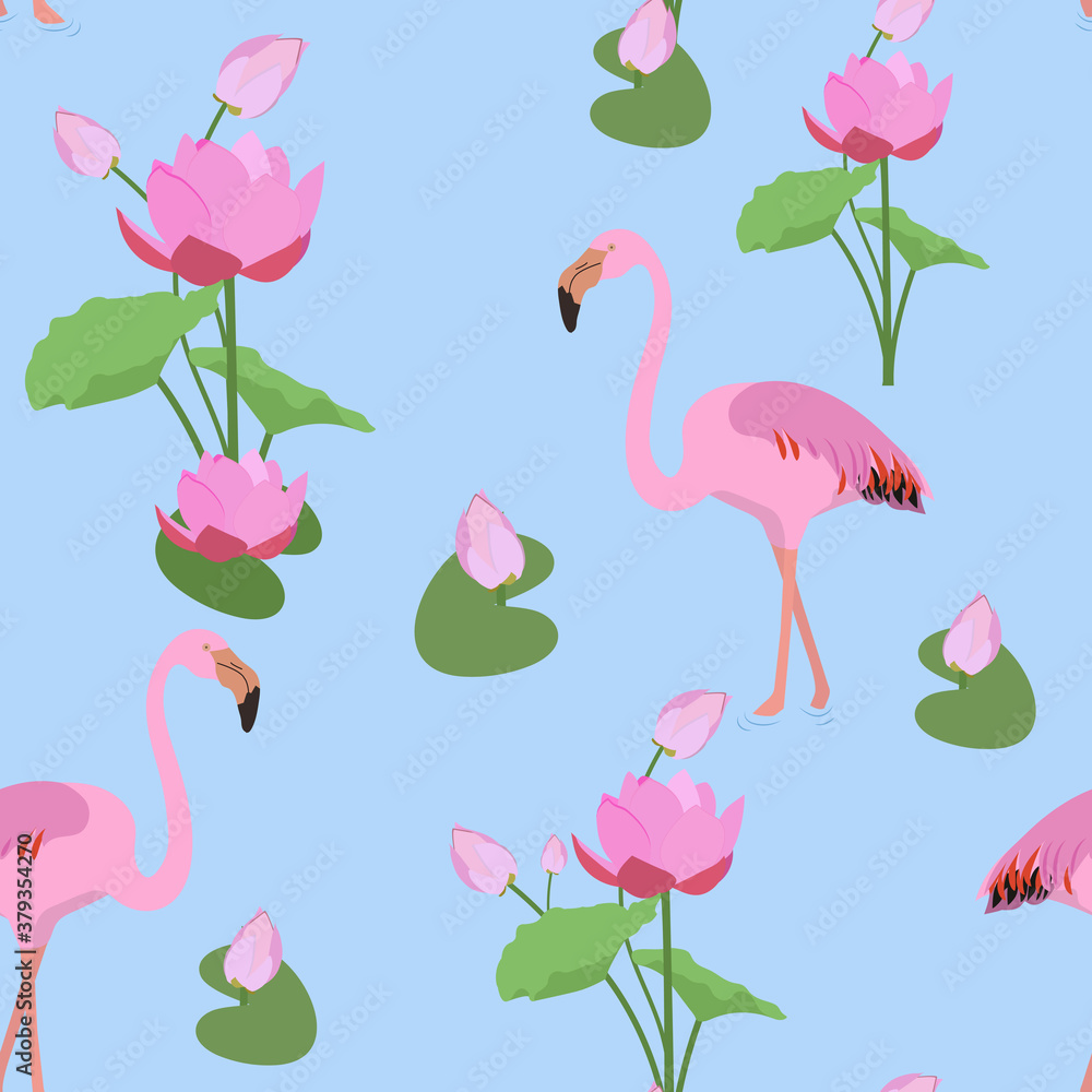Obraz premium Seamless beautiful vector illustration with pink flamingo and lotus