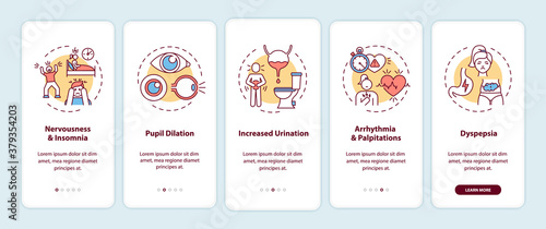 Caffeine overdose symptoms onboarding mobile app page screen with concepts. Insomnia, pupil dilation walkthrough 5 steps graphic instructions. UI vector template with RGB color illustrations