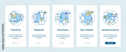 Energy drinks side effects onboarding mobile app page screen with concepts. Tooth decay, weight gain walkthrough 5 steps graphic instructions. UI vector template with RGB color illustrations