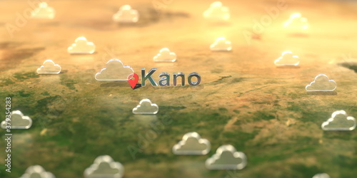 Kano city and cloudy weather icon on the map, weather forecast related 3D rendering © Alexey Novikov