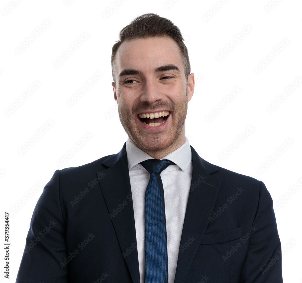 Cheerful businessman laughing and shouting Cheerful businessman laughing and shouting