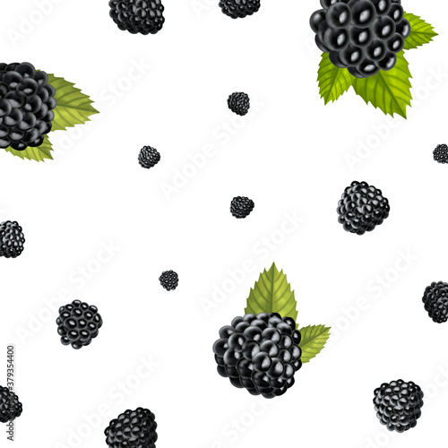 Realistic Detailed 3d Raw Blackberries Berries Seamless Pattern Background. Vector