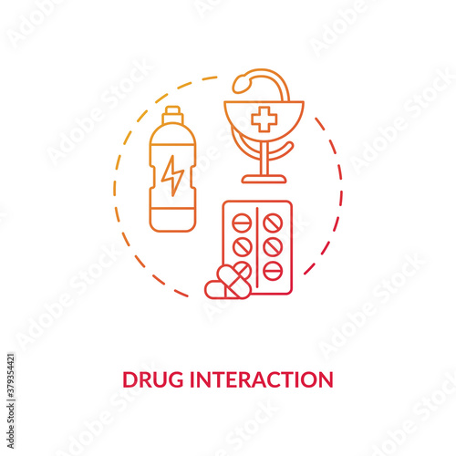 Drug interaction concept icon. Medication taking idea thin line illustration. Energetics danger. Drug-food interaction. Reaction between drug and beverage. Vector isolated outline RGB color drawing