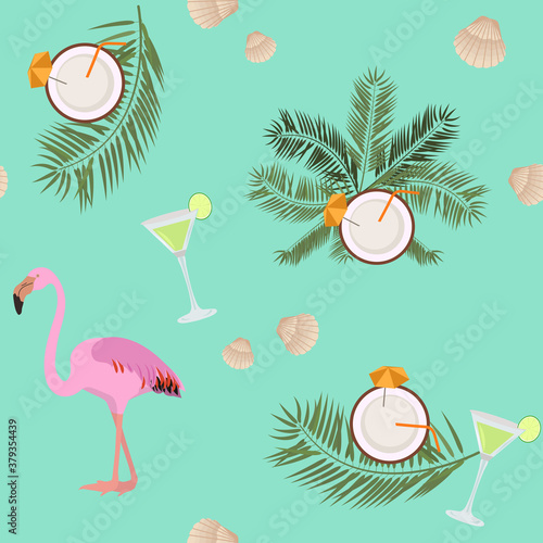 Seamless summer vector illustration with leaves of a palm tree, flamingos and cocktails.