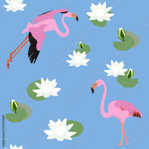 Seamless pattern with pink flamingos and lilies