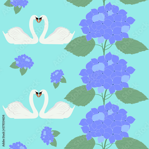 Seamless vector illustration with swans and flowers of hydrangea.