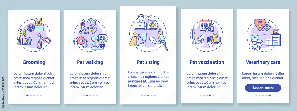 Pet services onboarding mobile app page screen with concepts. Little friend service. Animal care ideas walkthrough 5 steps graphic instructions. UI vector template with RGB color illustrations