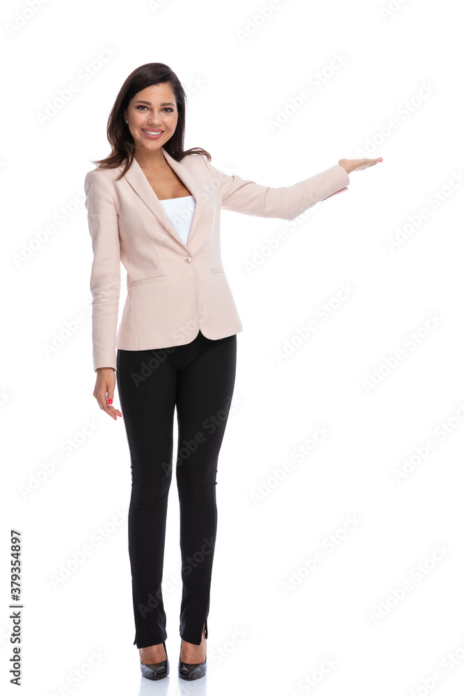 Happy businesswoman inviting and presenting, smiling Happy businesswoman inviting and presenting, smiling