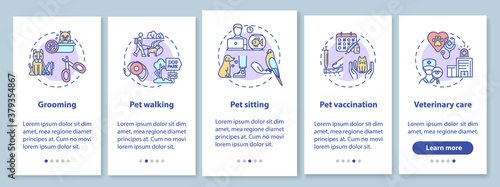 Pet services onboarding mobile app page screen with concepts. Little friend service. Animal care ideas walkthrough 5 steps graphic instructions. UI vector template with RGB color illustrations © bsd studio