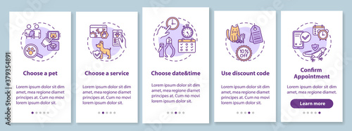 Grooming salon services app onboarding mobile app page screen with concepts. Animal veterenary service ideas walkthrough 5 steps graphic instructions. UI vector template with RGB color illustrations