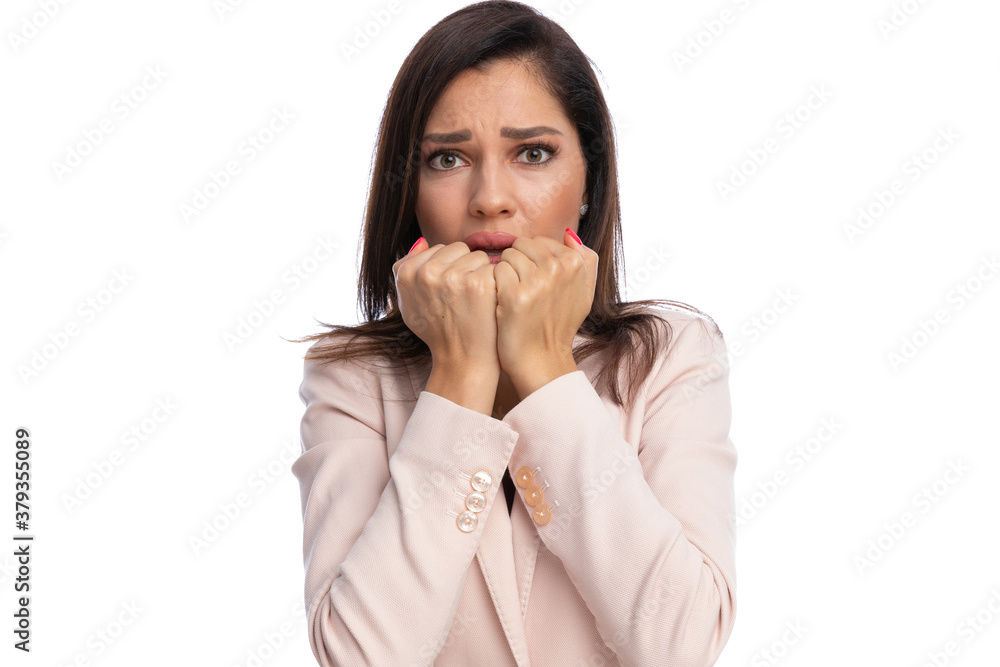 Closeup of worried businesswoman gasping Closeup of worried businesswoman gasping
