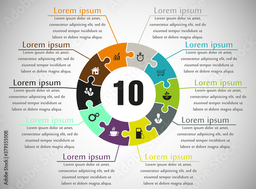 Ten sided puzzle presentation infographic template with explanatory text field for business statistics