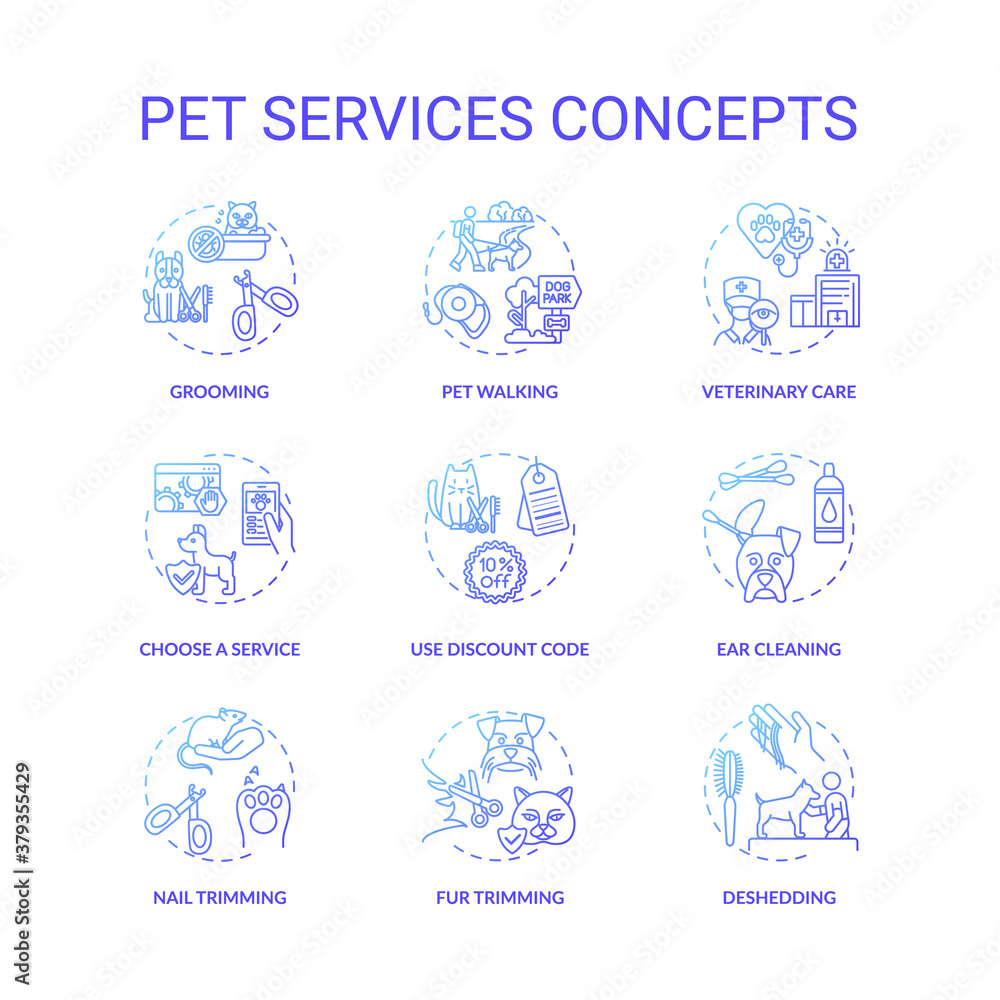 Pet services concept icons set. Grooming center services app ideas. Grooming services types. Animal care tips idea thin line RGB color illustrations. Vector isolated outline drawings