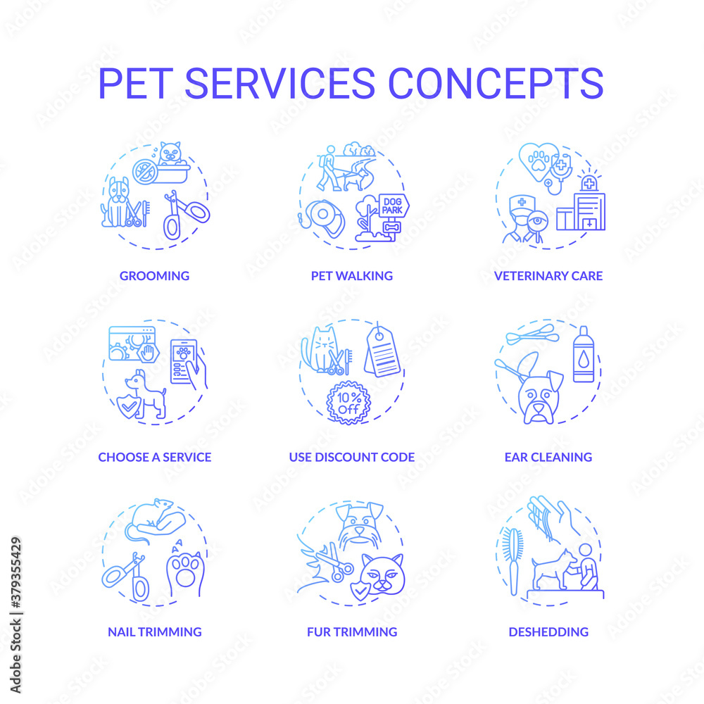 Pet services concept icons set. Grooming center services app ideas. Grooming services types. Animal care tips idea thin line RGB color illustrations. Vector isolated outline drawings Pet services concept icons set. Grooming center services app ideas. Grooming services types. Animal care tips idea thin line RGB color illustrations. Vector isolated outline drawings