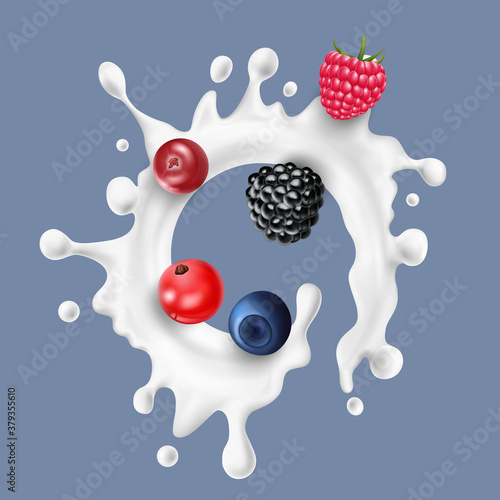 Realistic Detailed 3d Raw Berries with Milk Splash. Vector