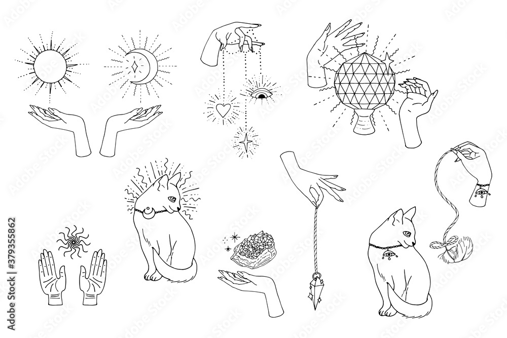 Obraz premium Hand drawn doodle set of black line art in boho style. Scenes with female witch hands holding sacred items. Isolated on white background. Vector