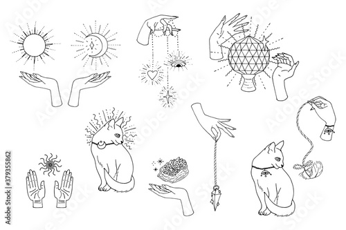 Hand drawn doodle set of black line art in boho style. Scenes with female witch hands holding sacred items. Isolated on white background. Vector
