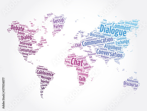Dialogue word cloud in shape of world map  concept background