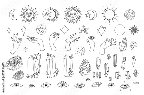 Hand drawn doodle set of black line art in boho style. Collection of witch female hands, celestial objects, stars, crystals, eyes. Isolated on white background.