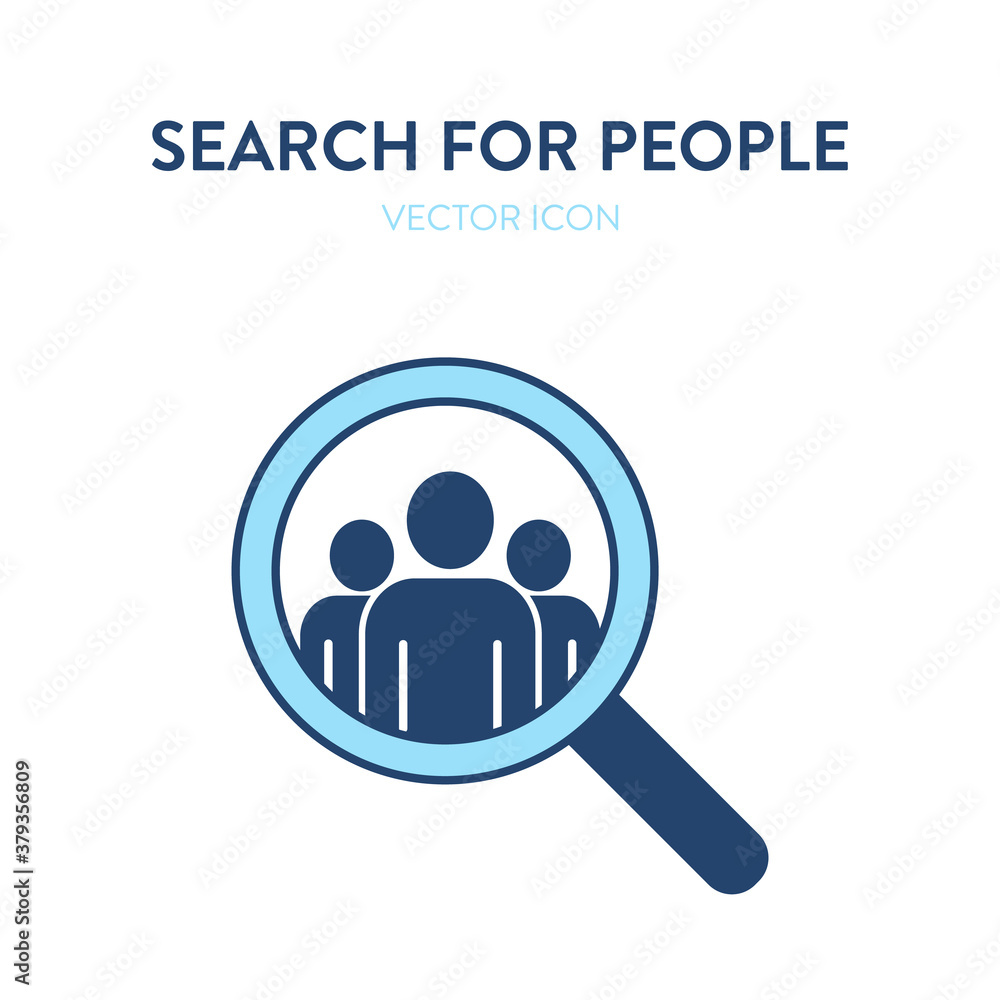 People search icon. Vector illustration of a magnifier tool with group of people in it. Represents concept of searching for the team, cooperation, teamwork