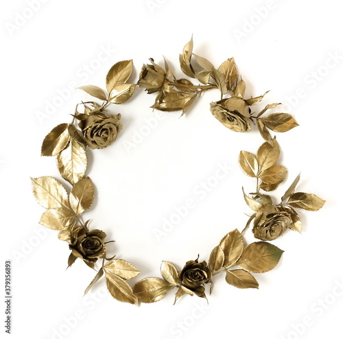 Flowers wreath background. dried flowers roses pattern paint golden color isolated on white backdrop. Floral card. Top view, flat lay. Copy space. Minimal concept