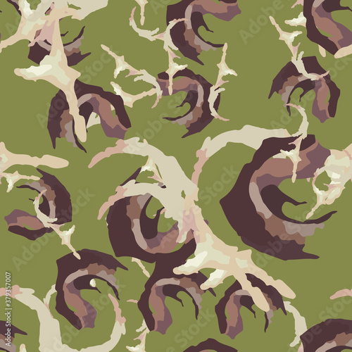 Forest camouflage of various shades of green, beige and brown colors