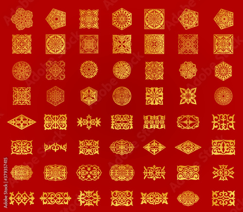 Set of 56 islamic golden ornaments on red background in vector. Circular ornamental arabic symbols. Abstract Asian elements of the national pattern of the ancient nomads of the Kazakhs, Tatars.