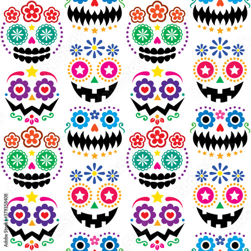 Halloween and Dia de los Muertos skulls and pumpkin faces vector seamless pattern - color Mexican sugar skull style texile design
